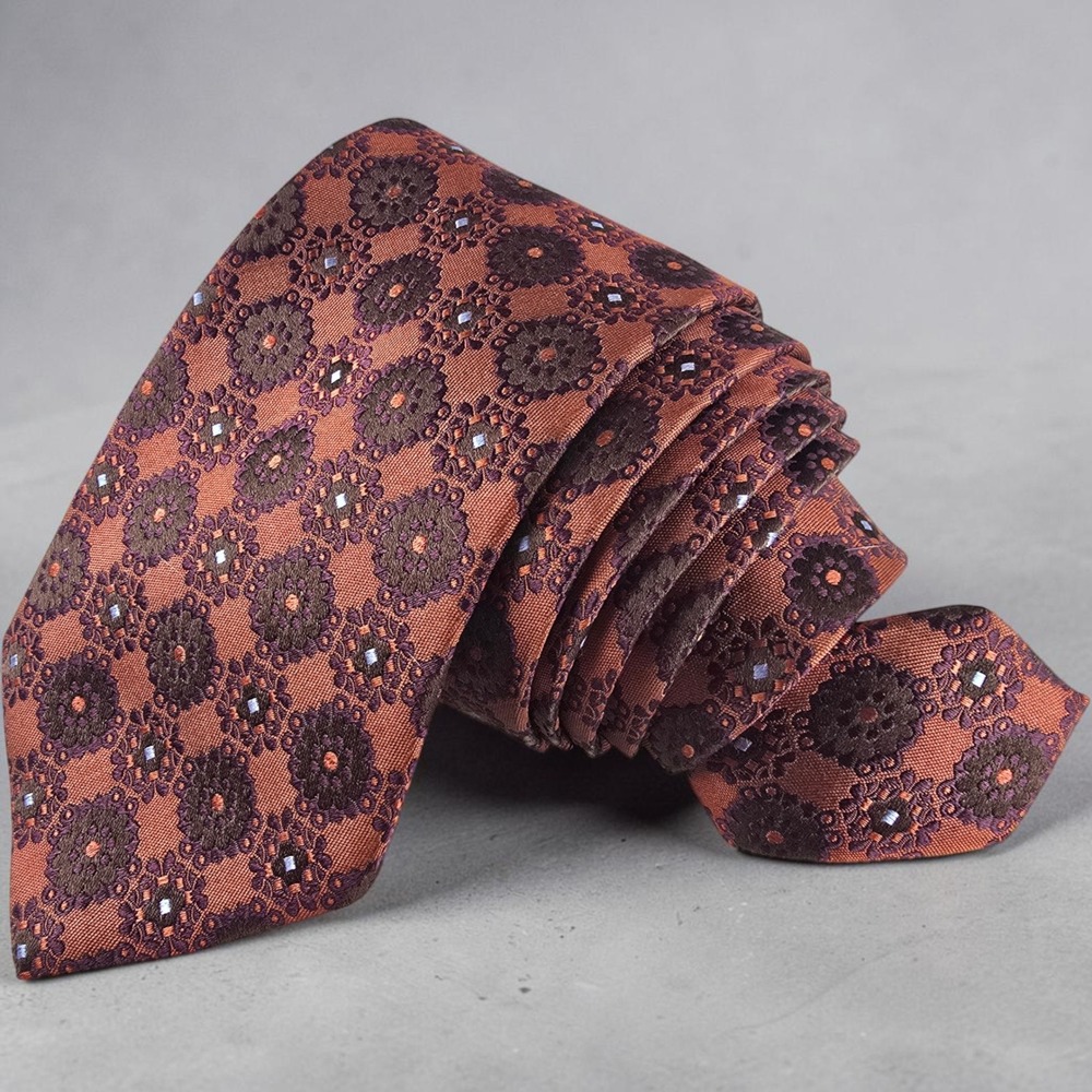 Hugo Boss Mens Silk Tie Rust Orange Brown Geometric Medallion Italy 59x3.6